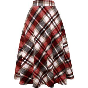Womens Long Wine Elastic Waist A-Line Pleated Tartan Long Plaid Wool Skirt